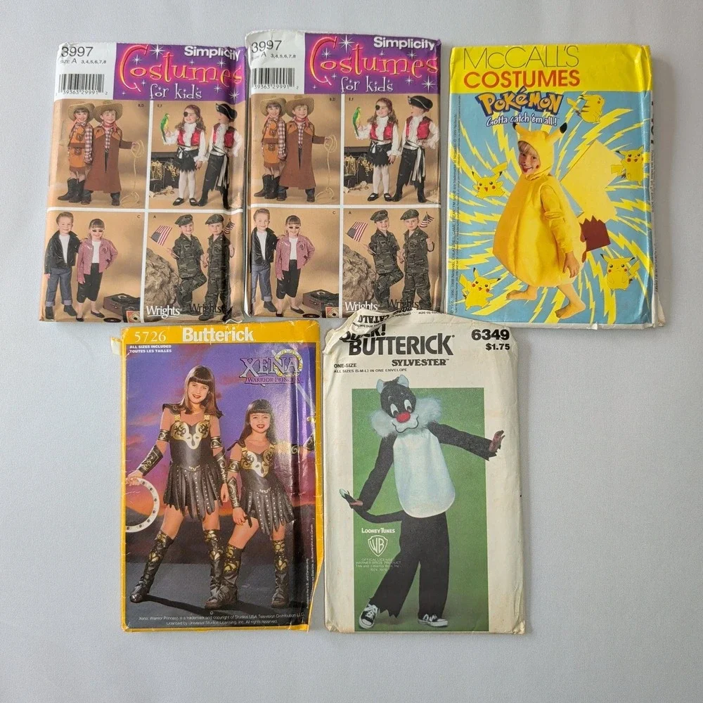 Lot of 10 Kids Costume Sewing Patterns Uncut Pokemon Xena Oz Witch Looney Tunes